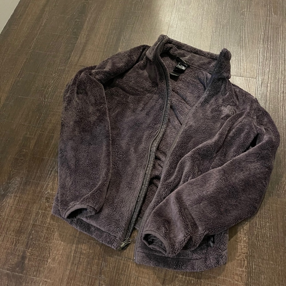 Purple gray fuzzy north face jacket